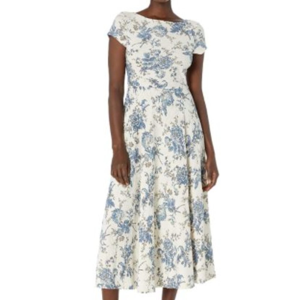 Chaps Women's Short Sleeve Floral Fit and Flare Lightweight Cotton Dress